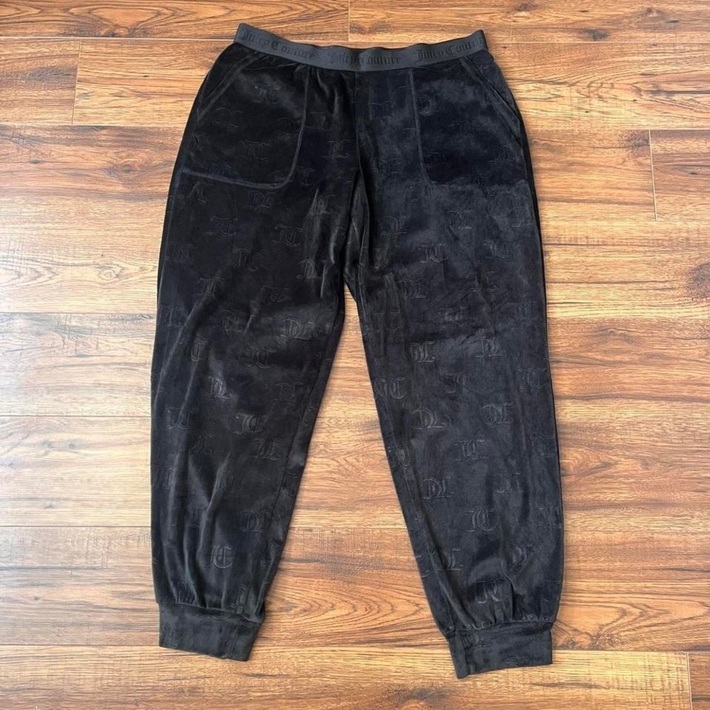 Juicy Couture Black Velour Monogram Joggers Women L Y2K Loungewear Minimalist